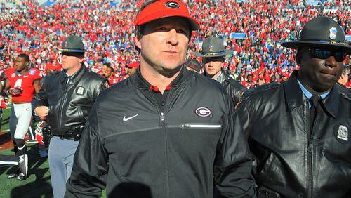 A victorious Kirby Smart Georgia Bulldogs Head Coach after the AutoZone Liberty Bowl between the Georgia Bulldogs and the TCU Horned Frogs on December, 30, 2016, at the Liberty Bowl Stadium in Memphis, TN. Georgia defeated TCU 31-23. (Photo by Jeffrey Vest/Icon Sportswire via Getty Images)