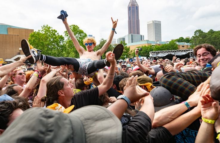 Atlanta, Ga: Bad Nerves killed with high flying acrobats and punk songs to an audience of crowd-surfing fanatics. Photo taken Saturday May 4, 2024 at Central Park, Old 4th Ward. (RYAN FLEISHER FOR THE ATLANTA JOURNAL-CONSTITUTION)