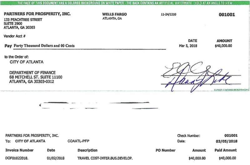 Partners for Prosperity, a nonprofit formed by Invest Atlanta to help promote affordable housing, job creation and economic development, cut this $40,000 check to the city of Atlanta in March to defray the cost of business-class travel for former Mayor Kasim Reed and some of his entourage for a spring 2017 trip to South Africa. In December, the city had given the nonprofit $40,000 in taxpayer money from Reed’s unclaimed salary.