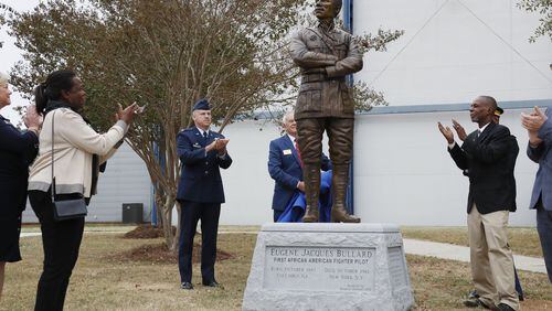 Georgia’s WWI Centennial Commission on Wednesday, Oct. 9, 2019, unveiled a statue of Eugene Bullard, a war hero from Columbus and the first African American fighter pilot in the world, at the Museum of Aviation at Robins Air Force Base. Bob Andres / robert.andres@ajc.com