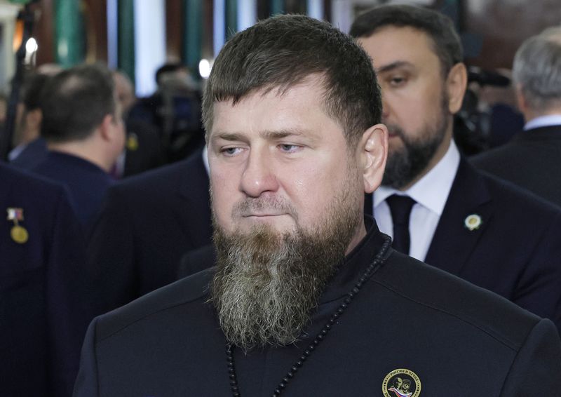 Head of Russia's Chechen Republic Ramzan Kadyrov speaks to media after Vladimir Putin's inauguration ceremony as Russian president in the Grand Kremlin Palace in Moscow, Russia, Tuesday, May 7, 2024. (Maxim Shemetov/Pool Photo via AP)