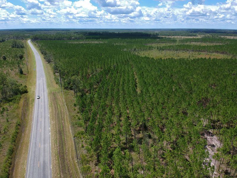 Aerial photography shows proposed mining site (right) located north of Ga. 94 (left vertical) in Saint George. In July, Alabama-based Twin Pines Minerals applied for a permit to mine for titanium along Trail Ridge near the southeastern edge of the Okefenokee Swamp. HYOSUB SHIN / HYOSUB.SHIN@AJC.COM