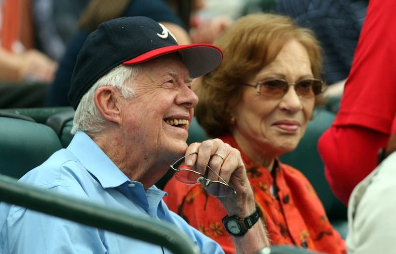 Former U.S. President Jimmy Carter and his wife Rosalynn at the Braves home opener on April 8, 2011. AJC file photo: Jason Getz