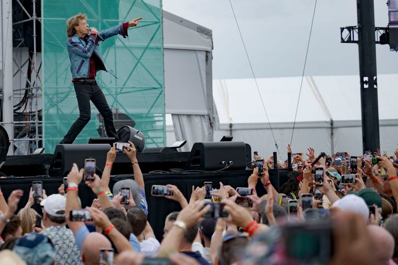 Mick Jagger of the Rolling Stones performs during the New Orleans Jazz and Heritage Festival in New Orleans, Thursday, May 2, 2024. (AP Photo/Matthew Hinton)