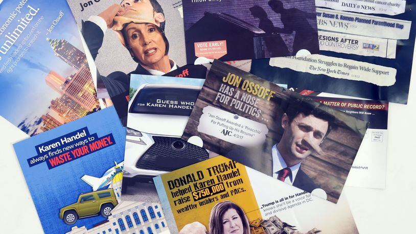Campaign mailers for 6th Congressional District candidates Jon Ossoff and Karen Handel have consumed large chunks of the funds they have raised in the most expensive U.S. House race in history. KENT D. JOHNSON / AJC