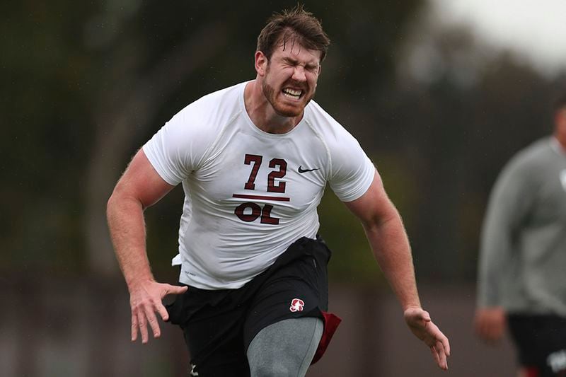 Stanford's Walker Little participates in the school's pro day football workout for NFL scouts in Stanford, Calif., Thursday, March 18, 2021. (Jed Jacobsohn/AP)