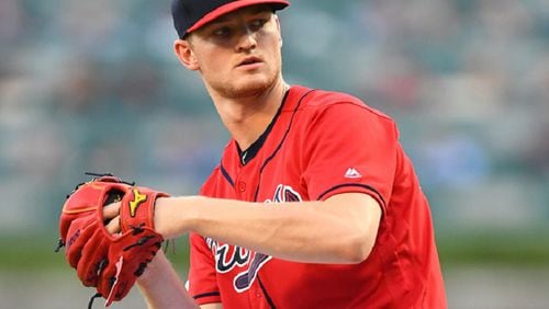 Mike Soroka #40 of the Atlanta Braves throws a second inning pitch against the Los Angeles Dodgers at SunTrust Park on August 16, 2019 in Atlanta, Georgia. (Photo by Scott Cunningham/Getty Images)