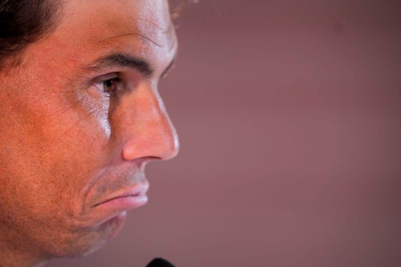Spanish tennis player Rafael Nadal gives a press conference at the Mutua Madrid Open tennis tournament in Madrid, Wednesday, April 24, 2024. (AP Photo/Manu Fernandez)