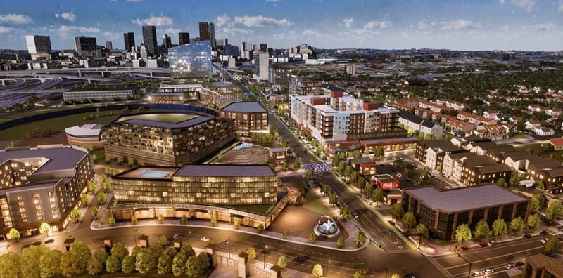 A rendering looking north of the planned development around the former Turner Field to be known as Summerhill for the historic neighborhood surrounding what is now Georgia State Stadium. A development team led by Carter plans a mix of residences, offices, retail and restaurants. SPECIAL