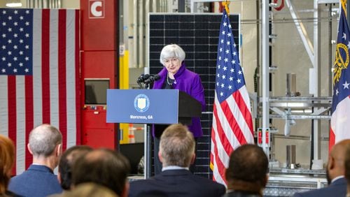 U.S. Treasury Secretary Janet Yellen visited Suniva, a solar cell manufacturing facility, in Norcross on Wednesday, March 27, 2024, touting the Inflation Reduction Act and touring the facility that is reopening thanks to those tax credits and a favorable solar market. (Jenni Girtman for The Atlanta Journal-Constitution)