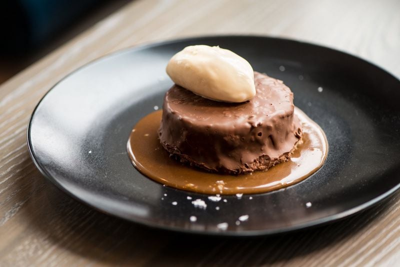Ferro No Share-O dessert, nutella parfait with a crunchy milk chocolate shell, brown butter base and creme fraiche ice cream. Photo credit- Mia Yakel.