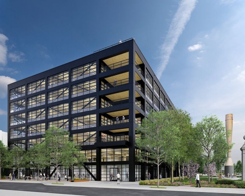 A rendering of T3 West Midtown, a new timber-framed office building in Atlantic Station. Developer Hines said the building, which is expected to open in September, will be the largest timber-framed office building in the U.S. until a planned sister building opens in Chicago.