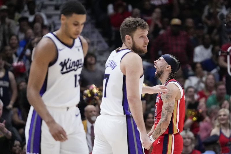 New Orleans Pelicans guard Jose Alvarado reacts in the second half of an NBA basketball play-in tournament game against the Sacramento Kings in New Orleans, Friday, April 19, 2024. The Pelicans won 105-98. (AP Photo/Gerald Herbert)
