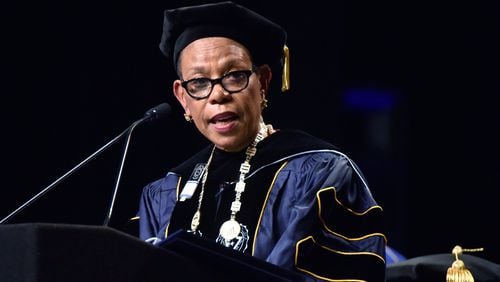 April 9, 2016 Atlanta - Dr. Mary Schmidt Campbell speaks after the investiture during Spelman College 2016 Investiture Ceremony at Georgia World Congress Center on Saturday, April 9, 2016. Mary Schmidt Campbell, former dean emerita of the Tisch School of the Arts at New York University, was installed as its 10th president of Spelman College on Saturday at the Georgia World Congress Center. HYOSUB SHIN / HSHIN@AJC.COM