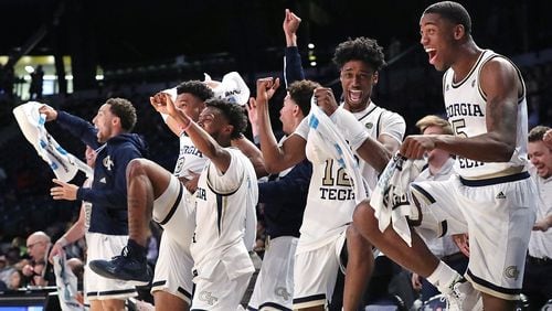 The Georgia Tech bench reacts as seldom-used teammate Niko Broadway makes a reverse layup for a basket in the final minutes of a 82-54 victory over Morehouse on Tuesday, January 28, 2020, in Atlanta.   Curtis Compton ccompton@ajc.com