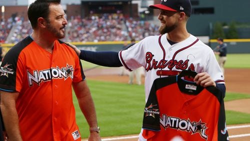 Braves center fielder Ender Inciarte is presented with the National League jersey for the All-Star game. (AP Photo)
