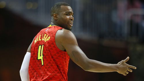 Hawks forward Paul Millsap reacts in a game against the Cleveland Cavaliers on Sunday, April 9, 2017, in Atlanta. The Hawks won in overtime 126-125. (AP Photo/Todd Kirkland)