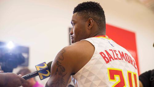 Atlanta Hawks guard Kent Bazemore answers questions from members of the press during the Atlanta Hawks Media day at the Emory Sports Medicine Complex, Monday, September 24, 2018. (ALYSSA POINTER/ALYSSA.POINTER@AJC.COM)