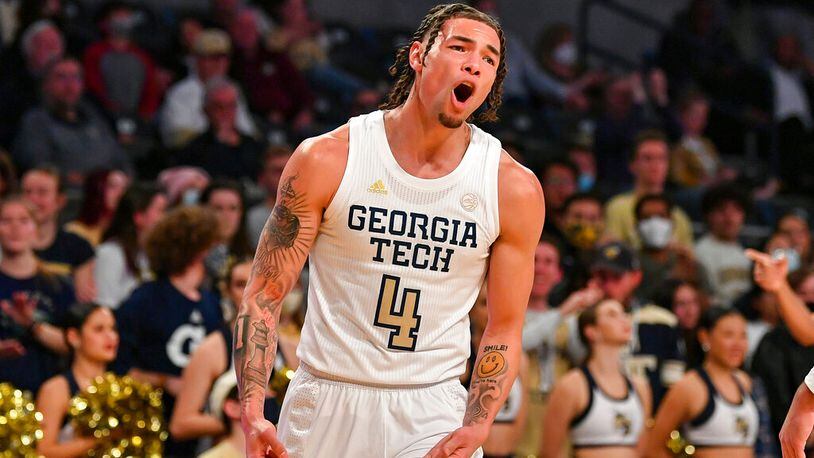 Georgia Tech guard Jordan Usher (4) reacts after making a three-pointer during the ACC college basketball game between the Florida State Seminoles and the Georgia Tech Yellow Jackets on January 26th, 2022 at Hank McCamish Pavilion in Atlanta, GA. (Photo by Rich von Biberstein/Icon Sportswire) (Icon Sportswire via AP Images)