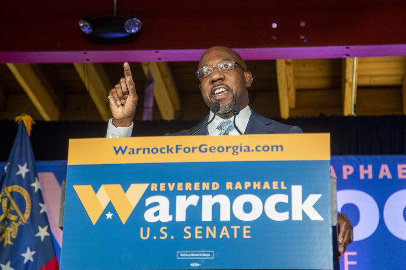 Raphael Warnock, Democratic candidate for U.S. Senate, makes remarks at his headquarters in Atlanta’s Sweet Auburn District,  Nov. 3, 2020. (Alyssa Pointer / Alyssa.Pointer@ajc.com)