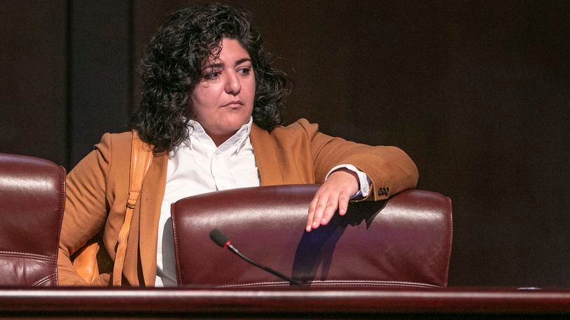 Council member Liliana Bakhtiari prepares to take her seat on the dais as the Atlanta City Council held their first in person meeting since they were suspended at start of the pandemic In Atlanta on Monday, March 21, 2022.   (Bob Andres / robert.andres@ajc.com)