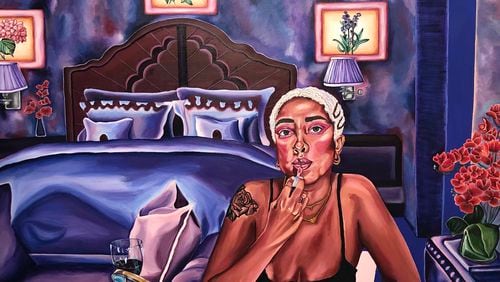 "A Glittery Veil" by Ariel Dannielle. The Atlanta painter's first solo exhibition at the Georgia Museum of Contemporary Art (MOCAGA) opened on Nov. 21. The artist primarily uses self-portraits to reflect the interior lives of African American women who are millennials.