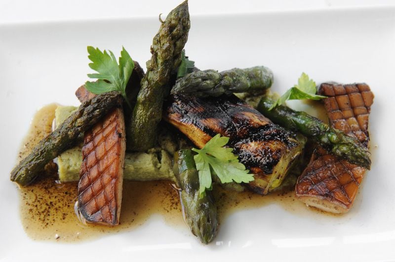 Roasted Asparagus, French Horn mushrooms, leeks, forest ash butter.(BECKY STEIN PHOTOGRAPHY)