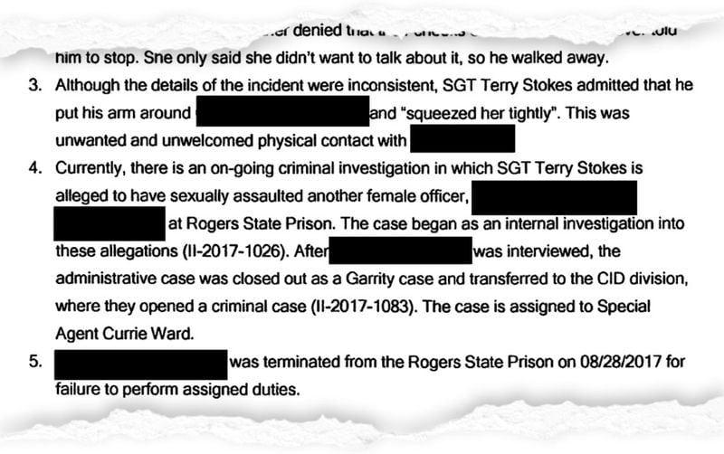 A Department of Corrections case report says a sergeant at Rogers State Prison made “unwanted and unwelcomed physical contact” with one employee and is under investigation for an alleged sexual assault of another.