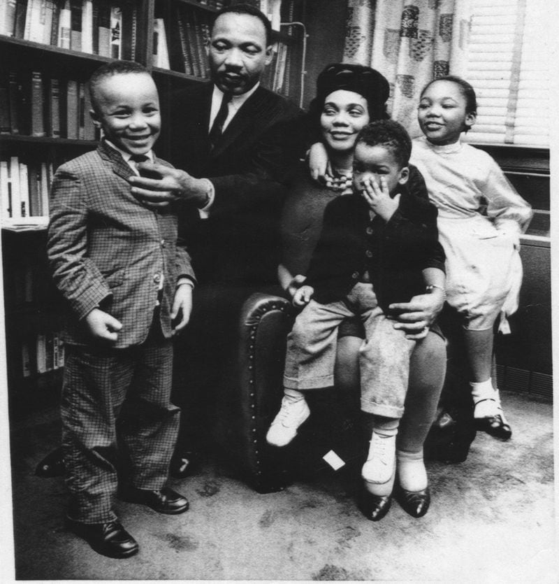 This family photo of the King family, made in 1963 shows from left, Martin Luther King III, Dr. Martin Luther King Jr., Coretta Scott King, Dexter on her lap and daughter Yolanda. (File)