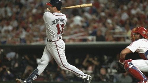 Damon Berryhill hit this home run for the Braves against the Phillies in the 1993 National League Championship Series. Berryhill is the Braves’ new Triple-A manager. (Photo by John Iacono/Getty Images)