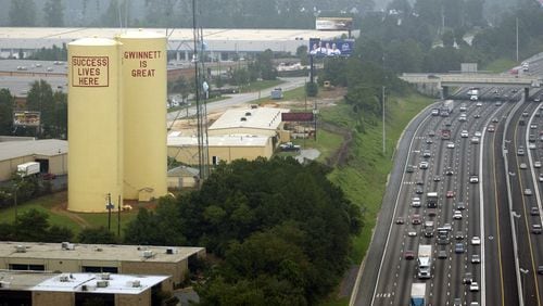 The water towers in 2002 as seen from I-85.