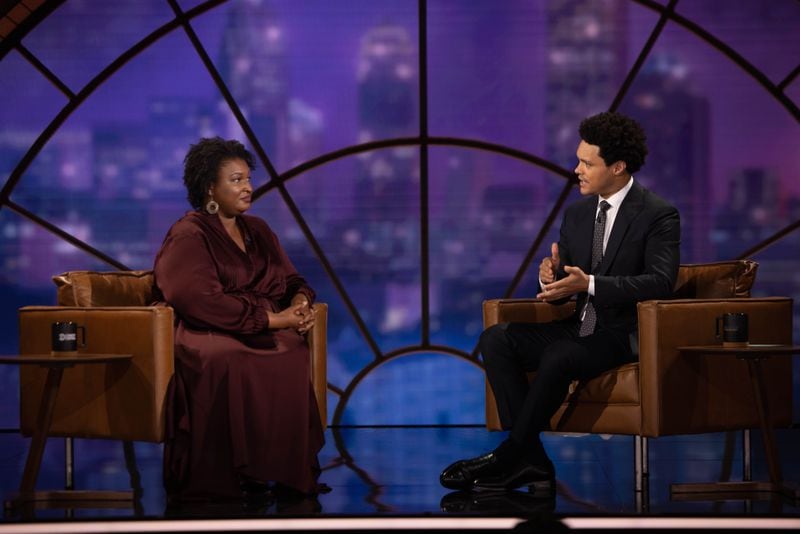 Trevor Noah's first night guest at the Tabernacle during a live taping of "The Daily Show" in Atlanta was Stacey Abrams, the Democratic candidate for Georgia governor. (Comedy Central)