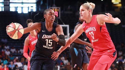 Dream guard Tiffany Hayes drives against Mystics forward Elena Delle Donne during a WNBA semifinal playoff game Sunday, August 26, 2018, in Atlanta.   Curtis Compton/ccompton@ajc.com