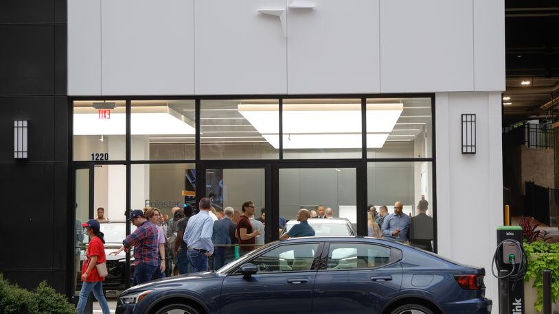 Views of the a Polestar electric vehicle parked in front of the company’s first showroom in Atlanta at The Battery on Tuesday, June 20, 2023. (Natrice Miller/ Natrice.miller@ajc.com)