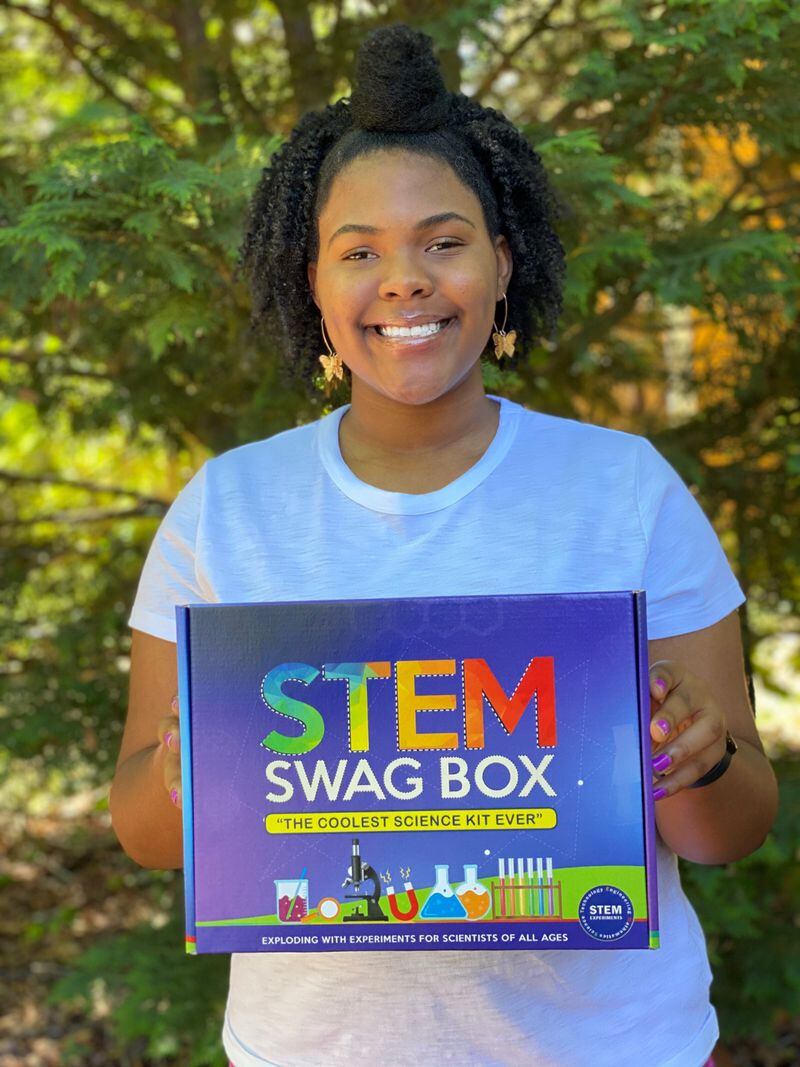 Temple Lester with her STEM Swag Box, a multi-use science kit for elementary and middle school students. Photo courtesy of Temple Lester