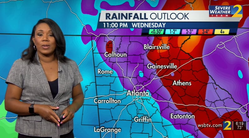 Rainfall totals of 2 to 4 inches are expected across North Georgia by Wednesday night, according to Channel 2 Action News.