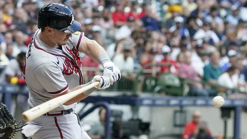 Atlanta Braves' Sean Murphy hits a single during the second inning of a baseball game against the Milwaukee Brewers Friday, July 21, 2023, in Milwaukee. (AP Photo/Morry Gash)