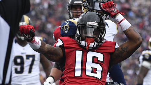 Atlanta Falcons wide receiver Justin Hardy celebrates after scoring during the first half of an NFL football game against the Los Angeles Rams Sunday, Dec. 11, 2016, in Los Angeles. (AP Photo/Mark J. Terrill)