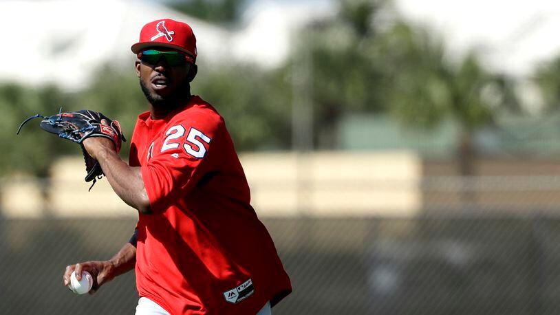 Outfielder Dexter Fowler, who signed with the St. Louis Cardinals in the offseason, works out wit the team at spring training in Jupiter, Fla.