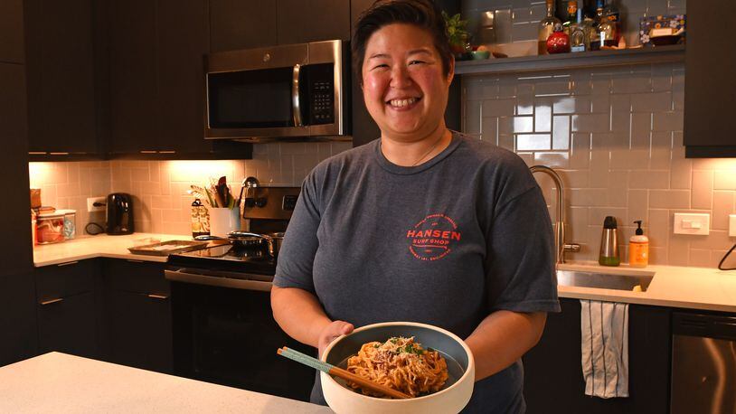 Leftie Lee’s chef Vivian Lee, shown at her home in Avondale Estates, likes to relax with 
Ramen Carbonara. (Styling by Vivian Lee / Chris Hunt for the AJC)