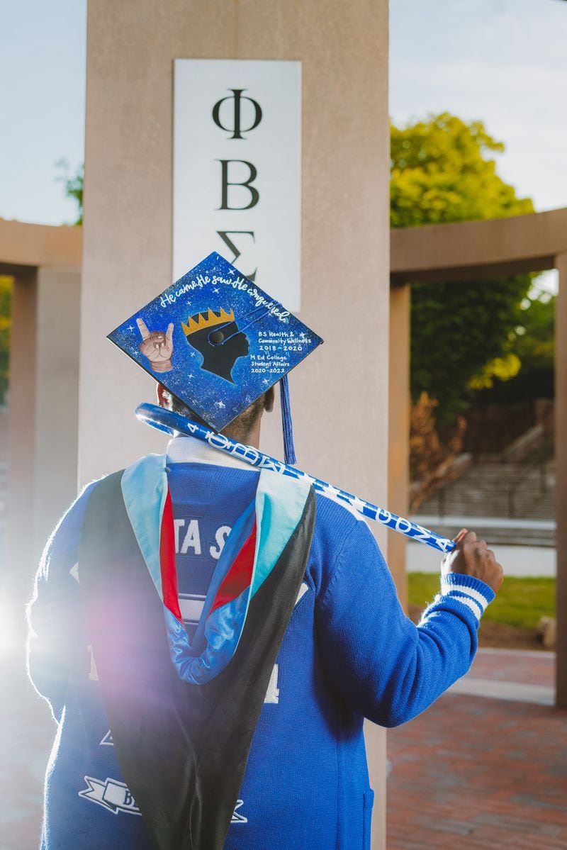 Jamir Wright wore a custom graduation cap created by Bria Bowen for his graduation from the University of West Georgia. (Courtesy of Jamir Wright)