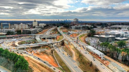 A recent bird's-eye view of construction of the new I-285 interchange at Ga. 400. The work is expected to continue through the end of the year. (Courtesy of James Cool/Cool New Media).