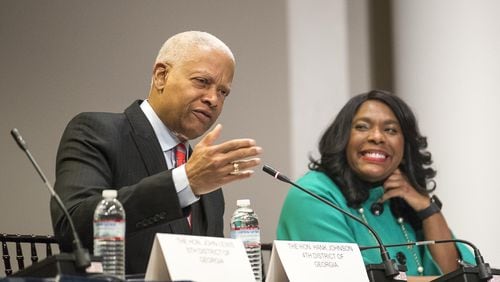 U.S. Rep. Terri Sewell (right), D-Ala., reacts to U.S. Rep. Hank Johnson, D-Ga., as he speaks during a hearing on voting rights on Feb. 19, 2019. Sewell is the sponsor of a bill that would restore the Voting Rights Act. ALYSSA POINTER / ALYSSA.POINTER@AJC.COM
