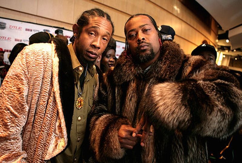 The Dirty Awards, hosted by radio station Hot 107.9, honors southern hip-hop artists at the Georgia International Conference Center on November 24, 2008. Goodie Mob members Big Gipp (left) and Kujo poses on the black carpet before the start of the awards show.