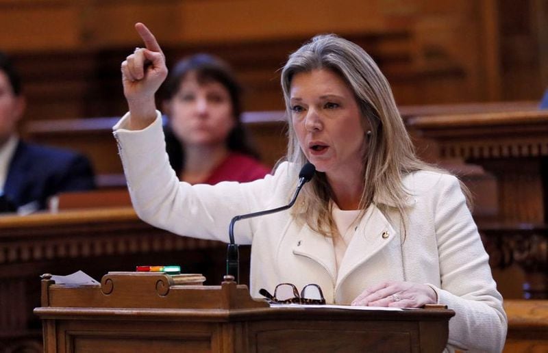 Democratic state Sen. Jen Jordan rails against a bill that would outlaw most abortions in Georgia. (Photo by Bob Andres / AJC)