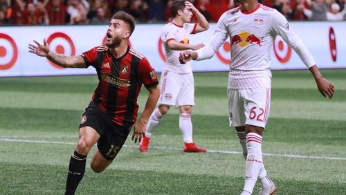 Atlanta United midfielder Hector Villaiba reacts to scoring a goal for a 3-0 victory over the New York Red Bulls with Michael Amir Murillo looking on during the second half in their Eastern Conference finals MLS soccer game on Sunday, Nov. 25, 2018, in Atlanta.   Curtis Compton/ccompton@ajc.com