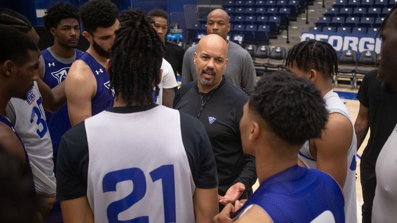 Georgia State basketball coach Rob Lanier talks to his team after practice Wednesday, Oct. 30, 2019, at the Georgia State Sports Arena in Atlanta.