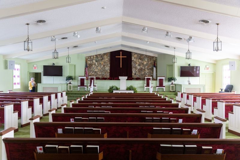 Maranatha Baptist Church in Plains on Sunday, February 26, 2023. The cross was made by Jimmy Carter. (Arvin Temkar / arvin.temkar@ajc.com)