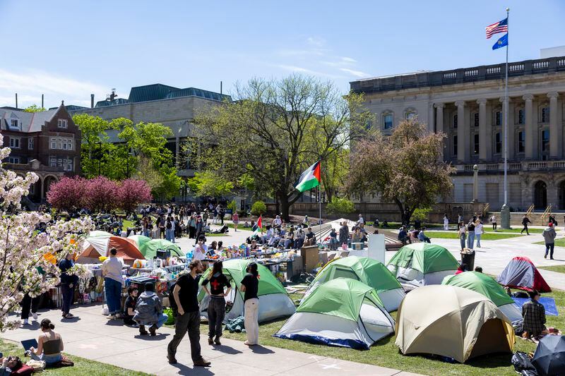 Pro-Palestinian demonstrators continue their encampment at Library Mall on the campus of the University of Wisconsin in Madison, Wis., Wednesday, May 1, 2024. (Samantha Madar/Wisconsin State Journal via AP)
