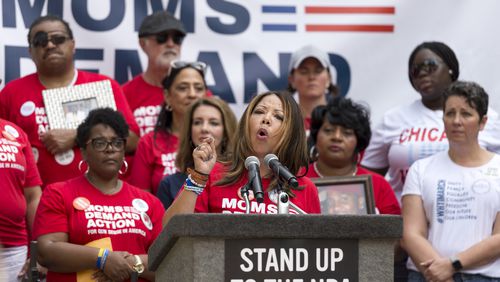 Lucy McBath, national spokesperson for Moms Demand Action for Gun Sense in America, speaks during a rally at Woodruff Park in Atlanta in 2017, during the NRA’s national convention in the city. DAVID BARNES / DAVID.BARNES@AJC.COM